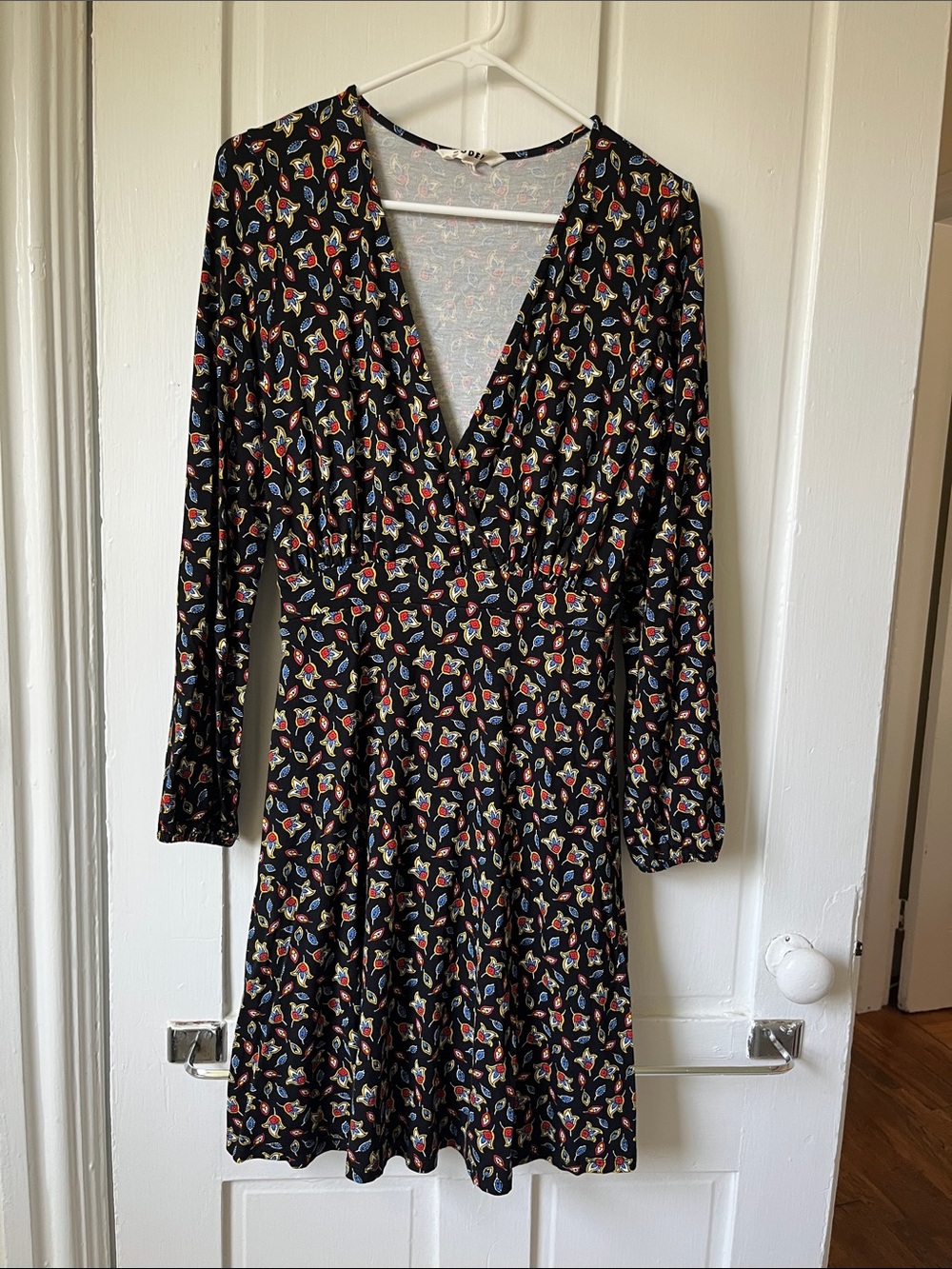 Boden Black Floral Wrap-Style Long Sleeve Dress